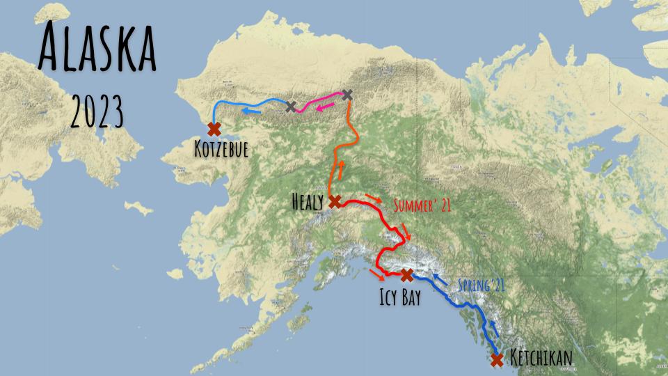The of our planned route for 2023, 480 miles biking, 200 miles hiking and 450 miles paddling, packed into 6 weeks of vacation.