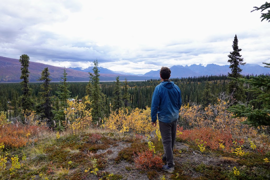 Admiring the fall colors from the hill above Chisana. When we arrived, all the blueberry bushes were red and the cottonwood tree yellow. When we left, the winter had arrived.